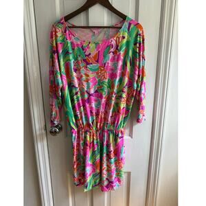 Lilly Pulitzer Cara Dress Small S Pink Green Spearmint Navel Floral Blouson EUC
